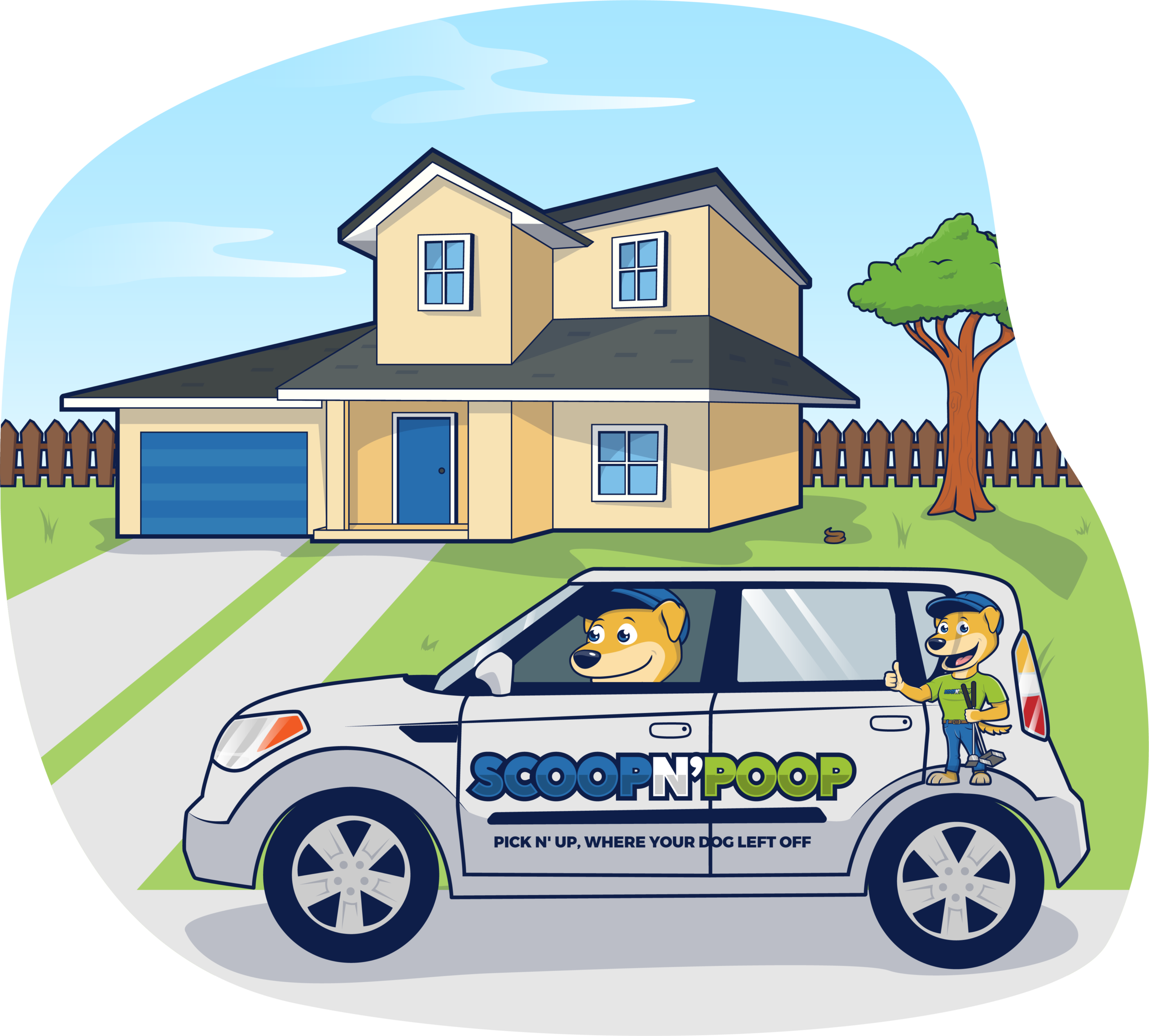 Scoop N' Poop mascot graphic representing the Dallas-Fort Worth pet waste removal service available across Fort Worth, Arlington, Plano, and Frisco